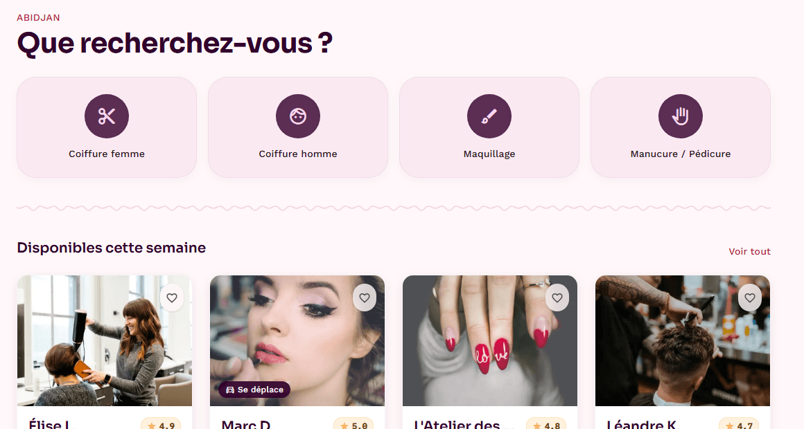 Grille de découverte Colabb avec cartes de prestataires beauté vérifiés, notes et prix en FCFA