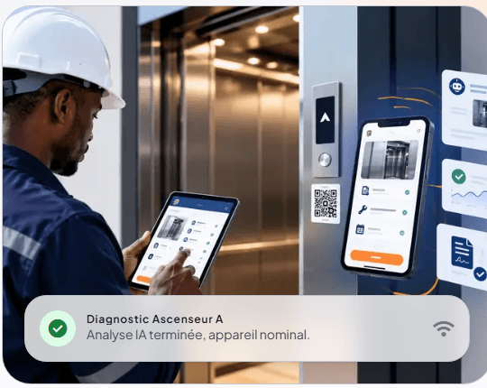 Technicien Gelevat avec une tablette dans une gaine d'ascenseur, affichant une interface de diagnostic assisté par IA