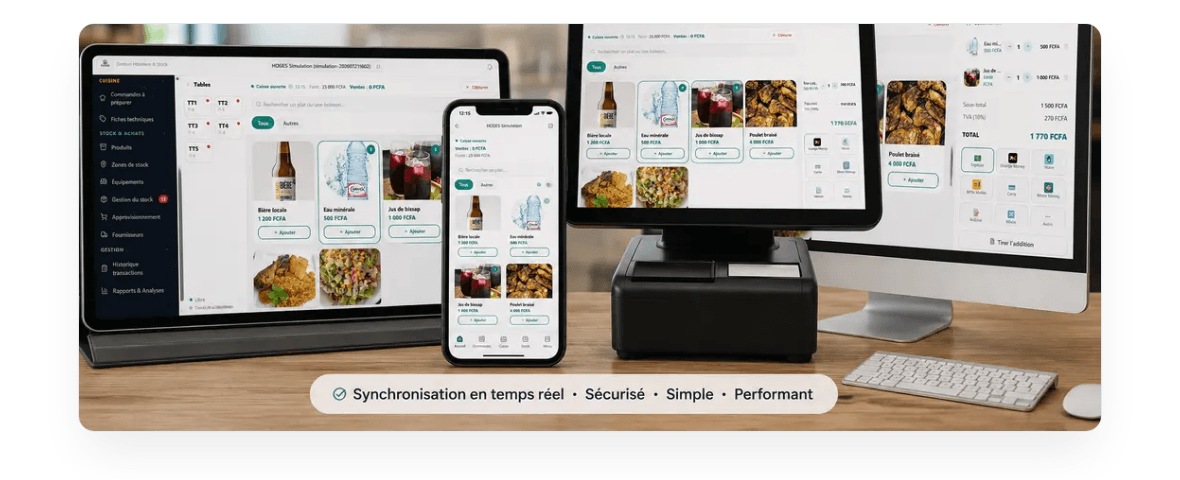 Écrans de la plateforme Hogerix affichant la caisse, la cuisine et la réception d'un établissement hôtelier, avec menu et prix en FCFA