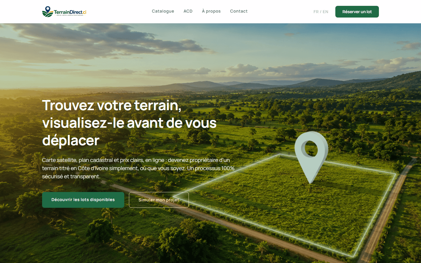 Vue aérienne d'une parcelle avec superposition du plan cadastral sur la plateforme TerrainDirect.ci