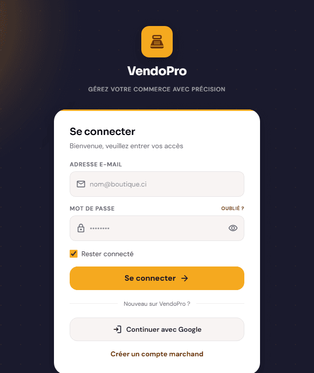 Écran de connexion de l'application VendoPro pour la gestion de commerce